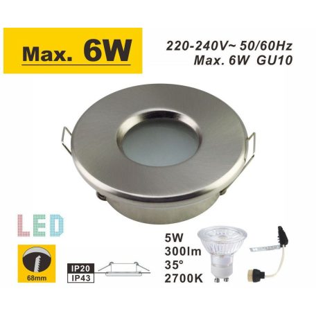 LANDLITE HD-909A, Max 6W, LED recessed downlight, with 5W 2700K GU10 LED lamp and socket, for use in bathroom Zone 3, color: matt chrome