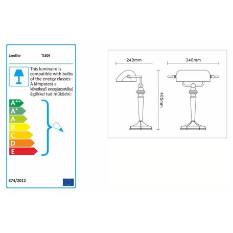 LANDLITE TL609 E27 Max 60W, desk lamp, table lamp, banker lamp, banker lamp, banker's Lamp - with frosted white glass shade