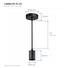   LANDLITE PL-32, E27 Max 60W, 2m cable, color: black,   Pendant Light 