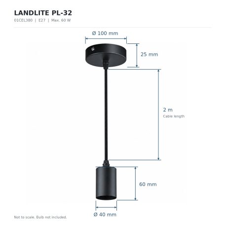 LANDLITE PL-32, E27 Max 60W, 2m cable, color: black,   Pendant Light 