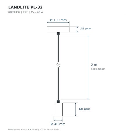 LANDLITE PL-32, E27 Max 60W, 2m cable, color: black,   Pendant Light 