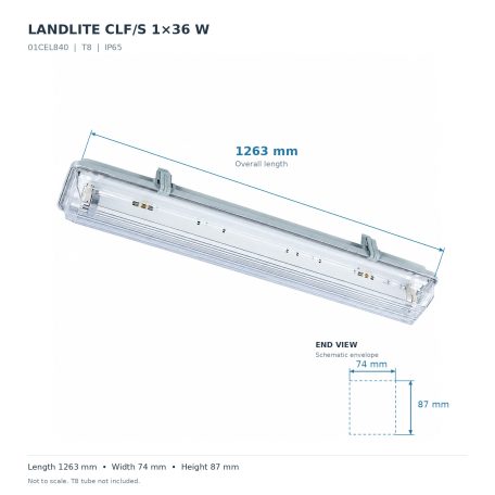 LANDLITE T8 tube, small size, CLF/S 1x36W T8, IP65, Waterproof lamp with electronic ballast