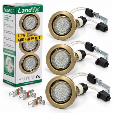 LANDLITE KIT-60-3, 3pcs 1,5W GU10 230V white LED lamp, rotateable design, downlight KIT (3 pcs LED KIT) antiq