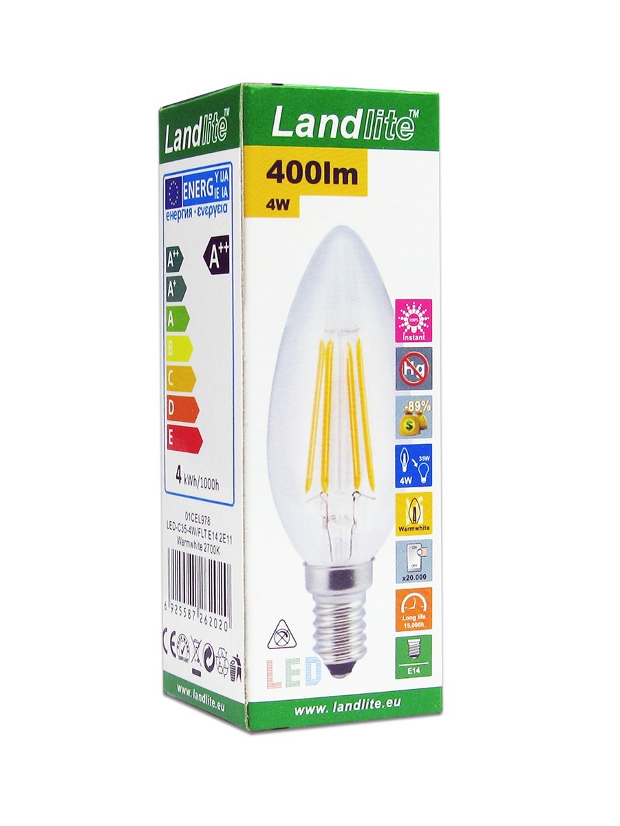 LANDLITE LED-C35-4W/FLT Lamp LED filament E14 2700K, - Welco