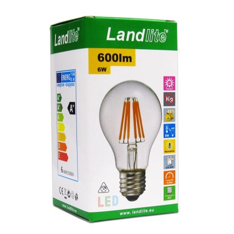 LANDLITE LED filament, E27, 6W, A60, 600lm, 2700K, pear shaped bulb (LED-A60-6W/FLT)