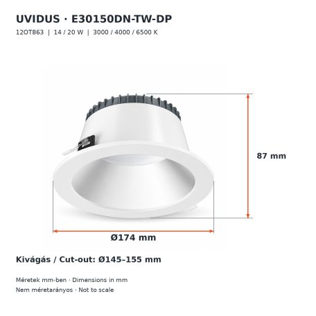 E30150DN-TW-DP, UVIDUS, 14W/20W, 3000K/4000K/6500K, UGR<24, IP20/IP64 IK06, 80°, white, with diffuser, flicker-free, D174*87mm (cutout D145-155mm), LED downlight